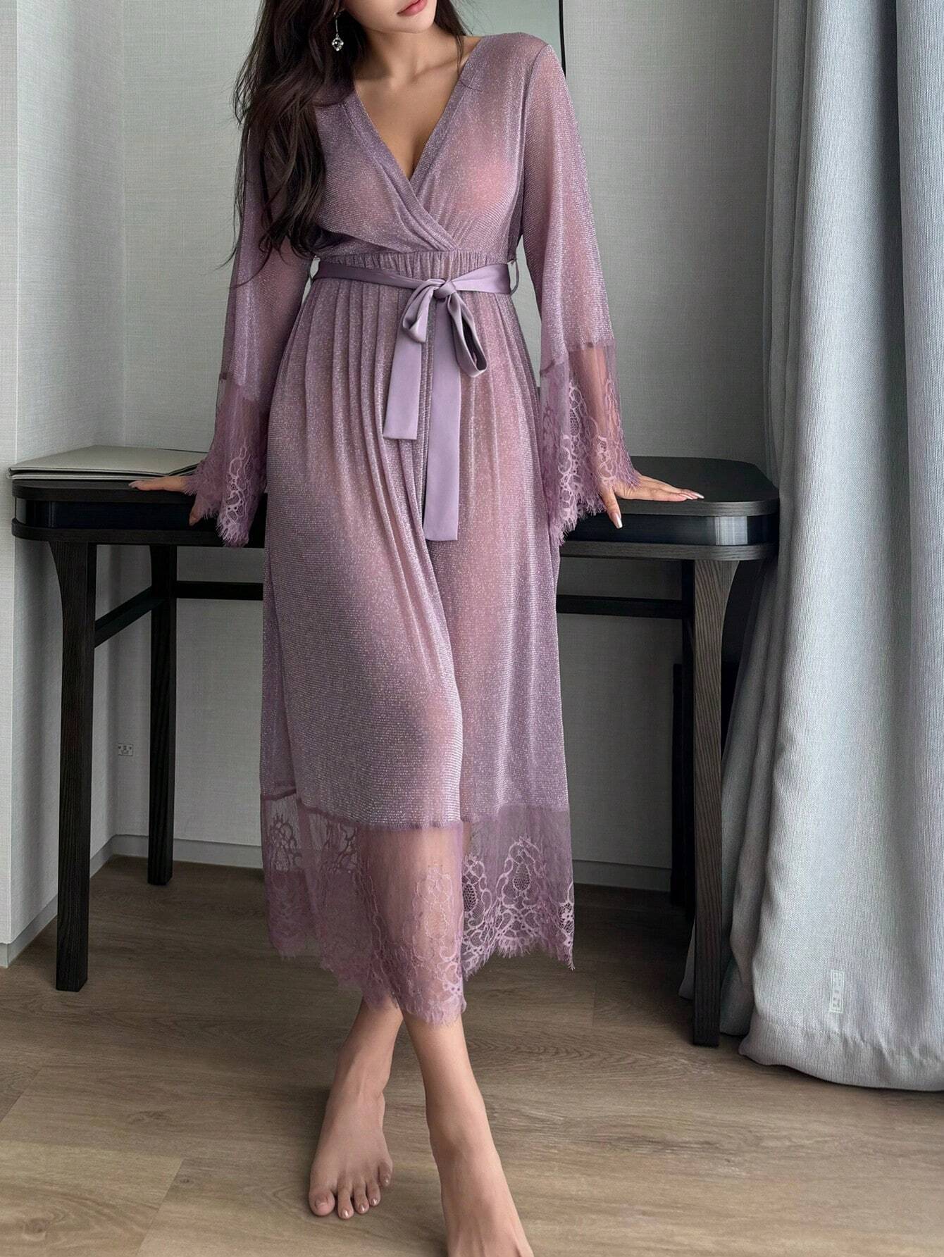 DAZY Sexy Lace Waist Cinching Nightgown With Sheer Luminous Material Patchwork