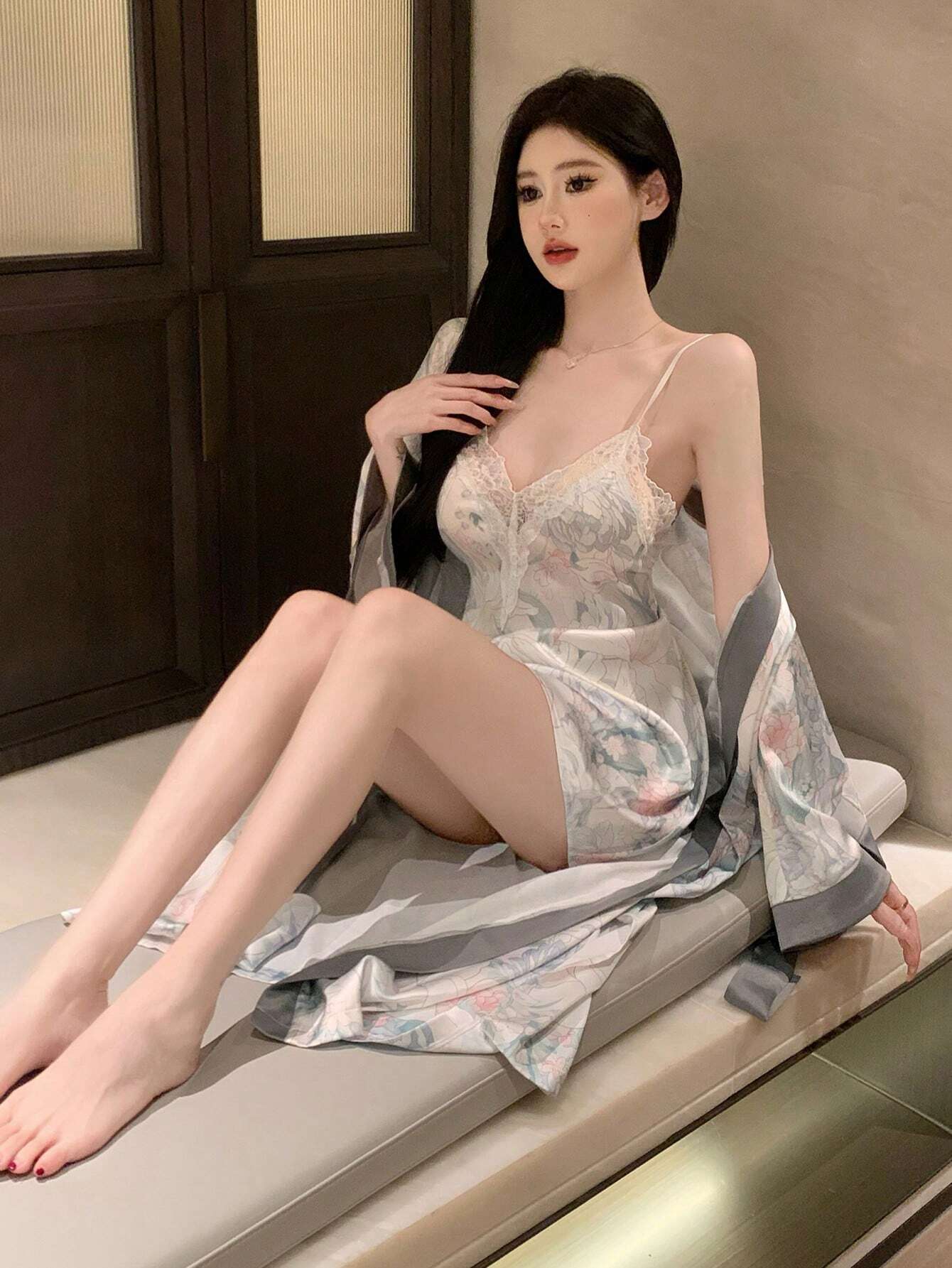 DAZY Floral Printed Patchwork Lace Pajama Set