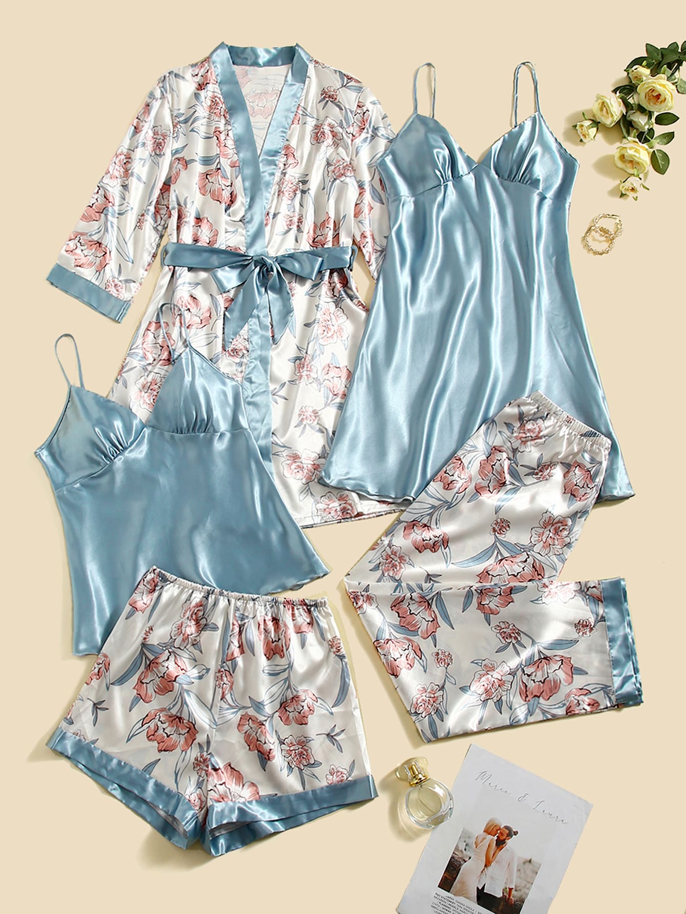 5pcs Floral Print Belted Satin Robe &amp; Cami Top &amp; Night Dress &amp; Pants &amp; Shorts