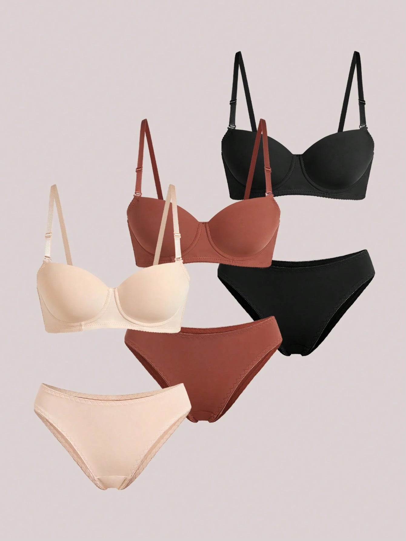 6pcs/Set Women's Solid Color Underwire Bra And Bikini Panty Set