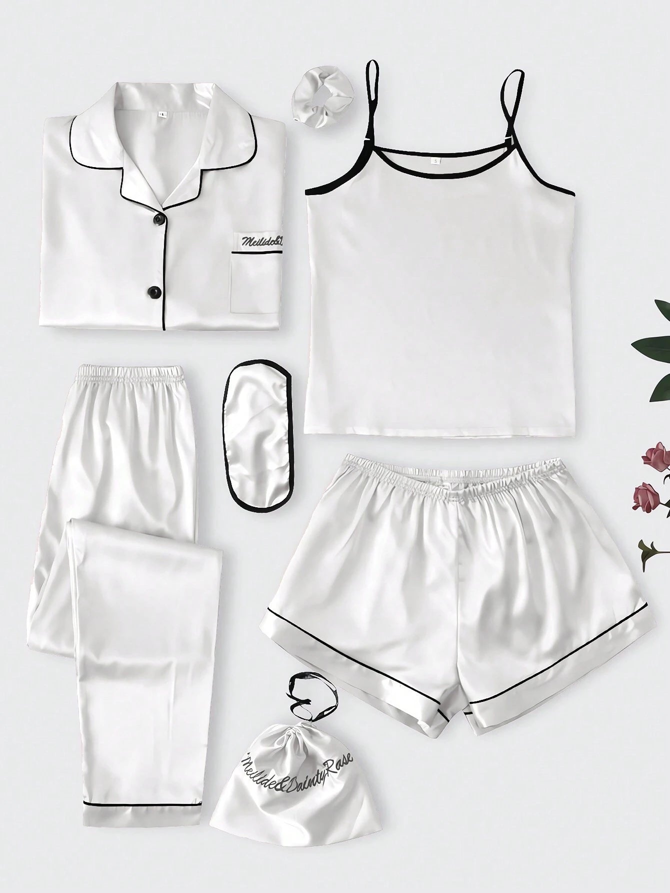 7pcs Contrast Binding Satin PJ Set / Pajama Set