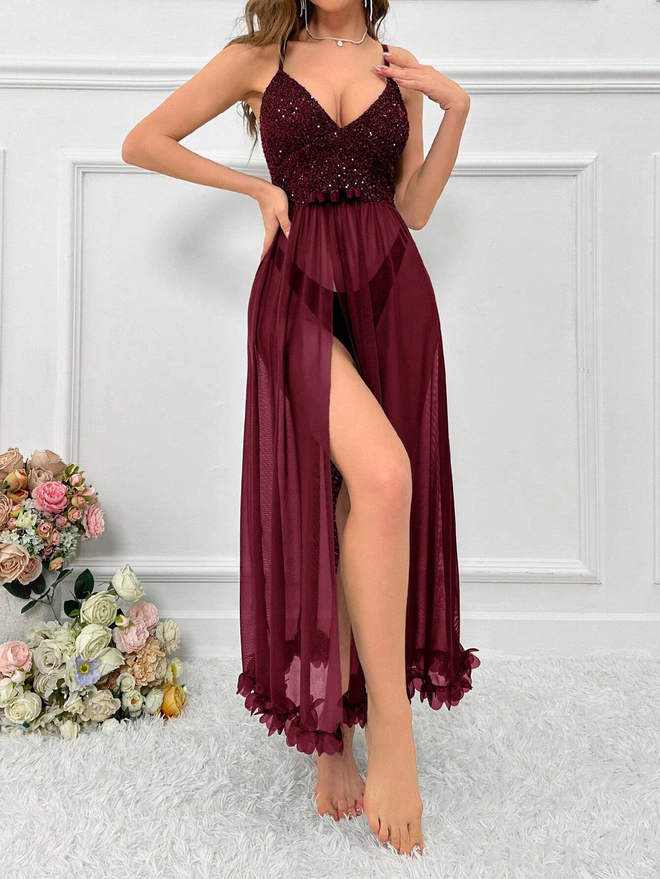 Sequin Patchwork See-Through Mesh Cami Lingerie Pajama Dress