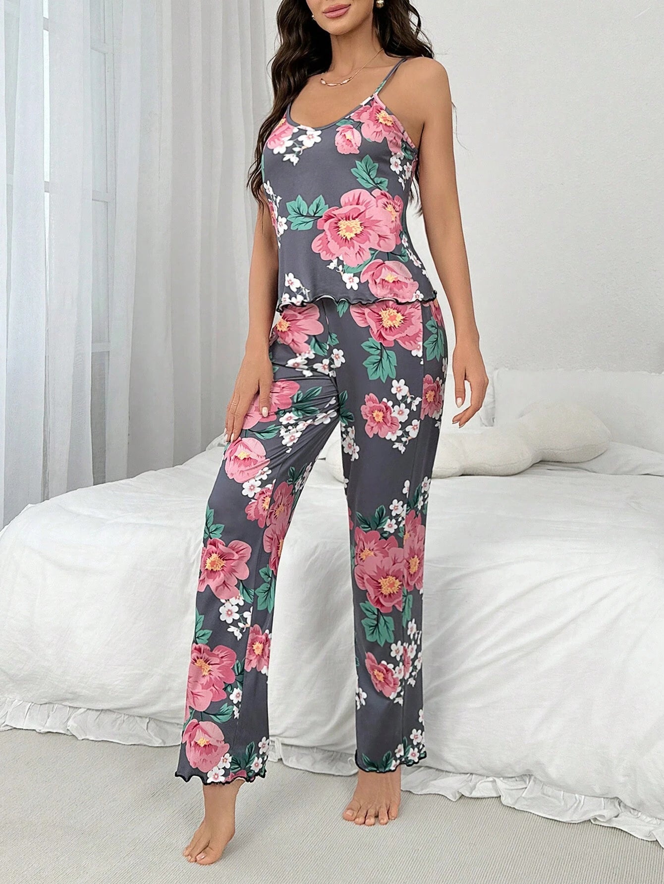 Floral Printed Cami &amp; Long Pants Pajama Set