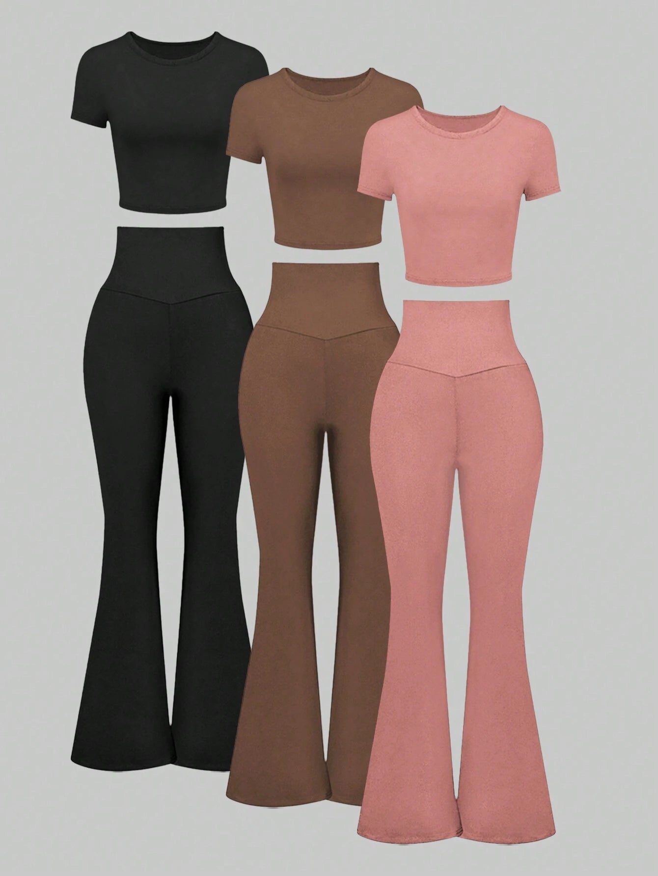 EZwear 3pcs/Set Round Neck Short Sleeve T-Shirt And High Waist Bell-Bottom Pants Casual Suit