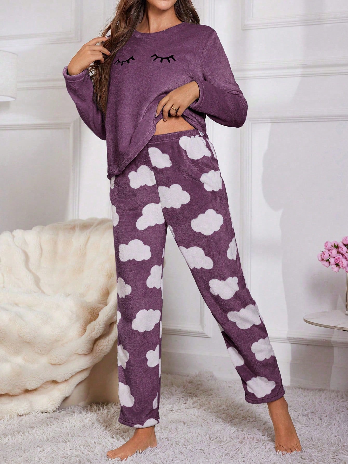 Eyelash Embroidery Flannel Long Sleeve Pajama Set