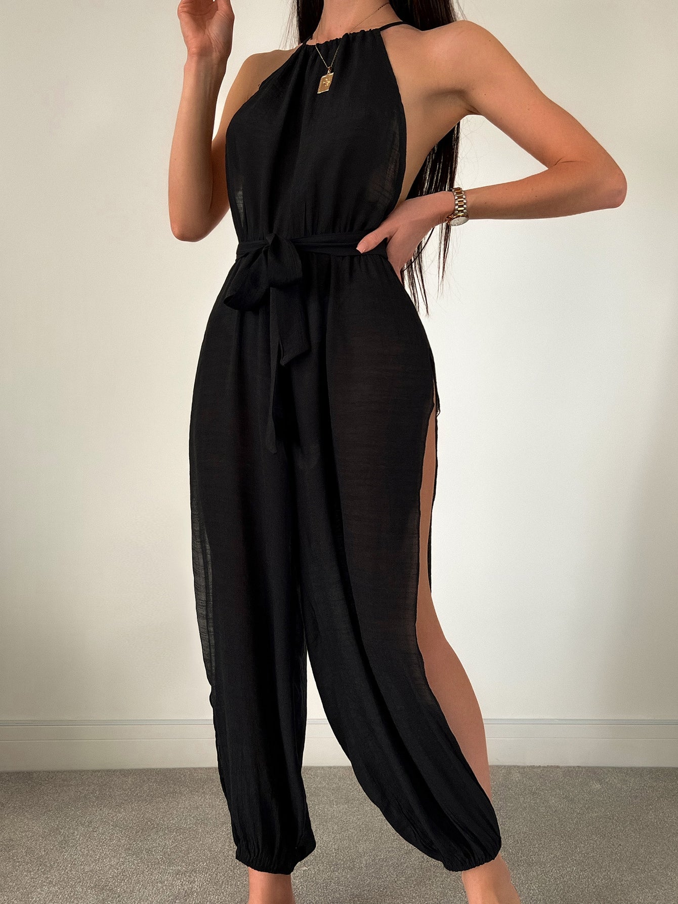 SHEIN Swim Chicsea Solid Split Thigh Belted Halter Neck Cover Up Jumpsuit S Black