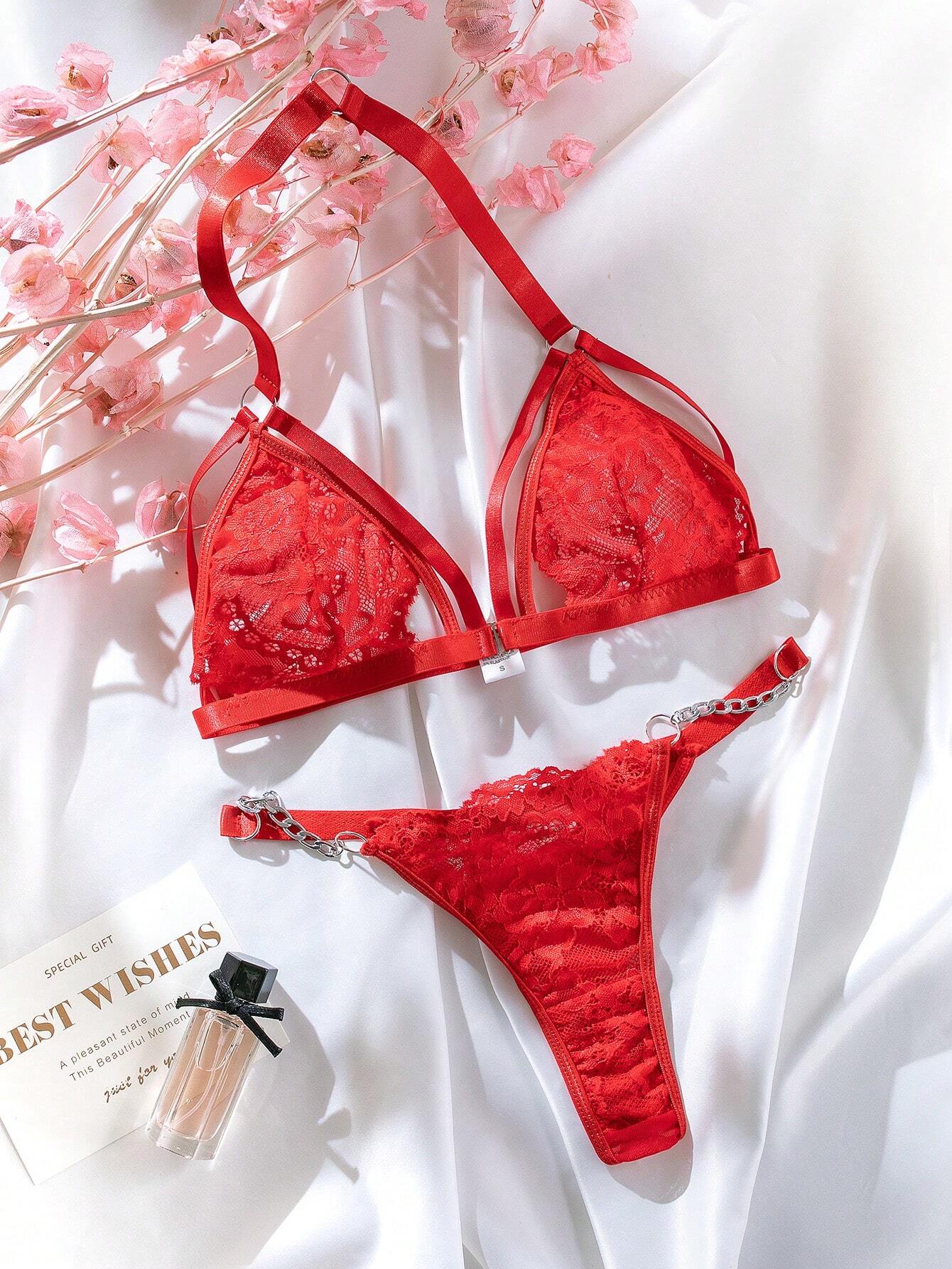 Classic Sexy Floral Lace Harness Lingerie Set Red