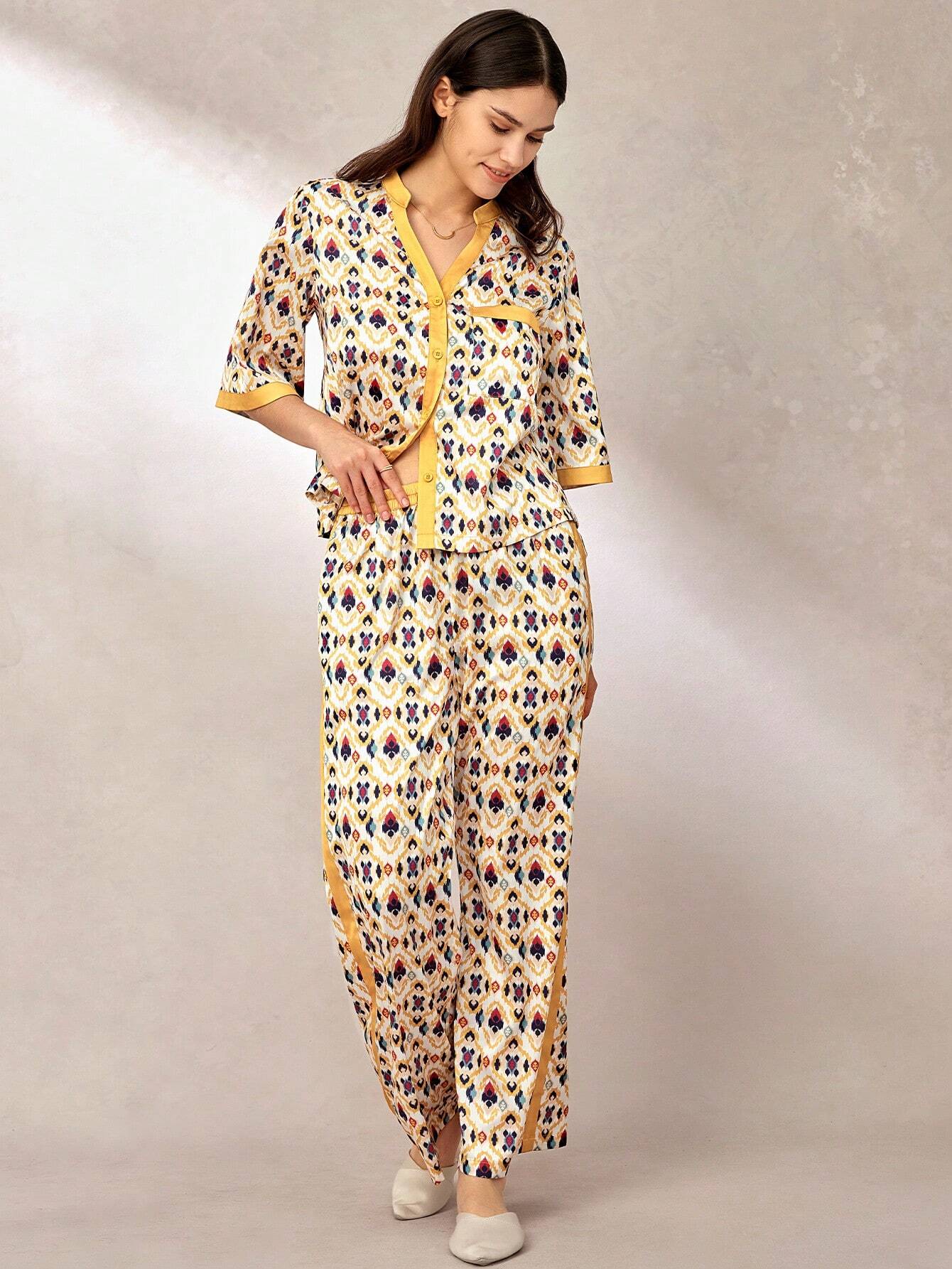 LUVLETTE Fasion Patterned Satin Long Pajama Sets