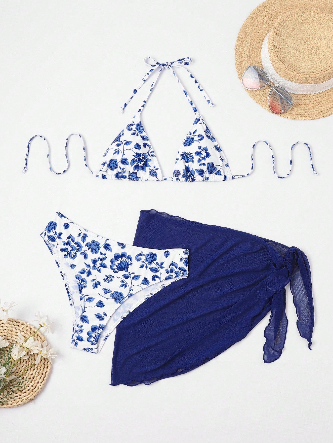 SHEIN Swim Mod Floral Print Halter Triangle Bikini Swimsuit With Beach Skirt S Navy Blue