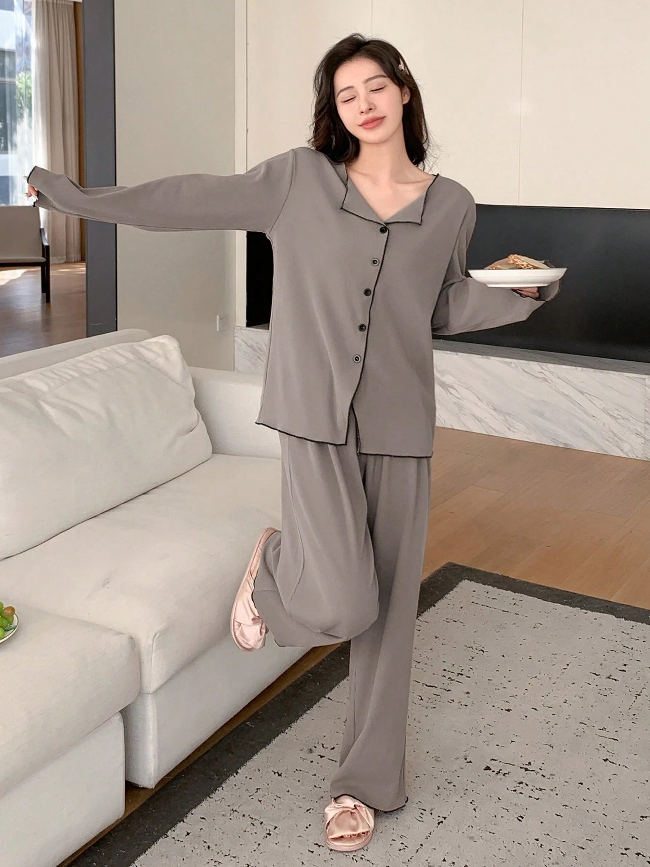 DAZY Simple Front Open Pajama Set
