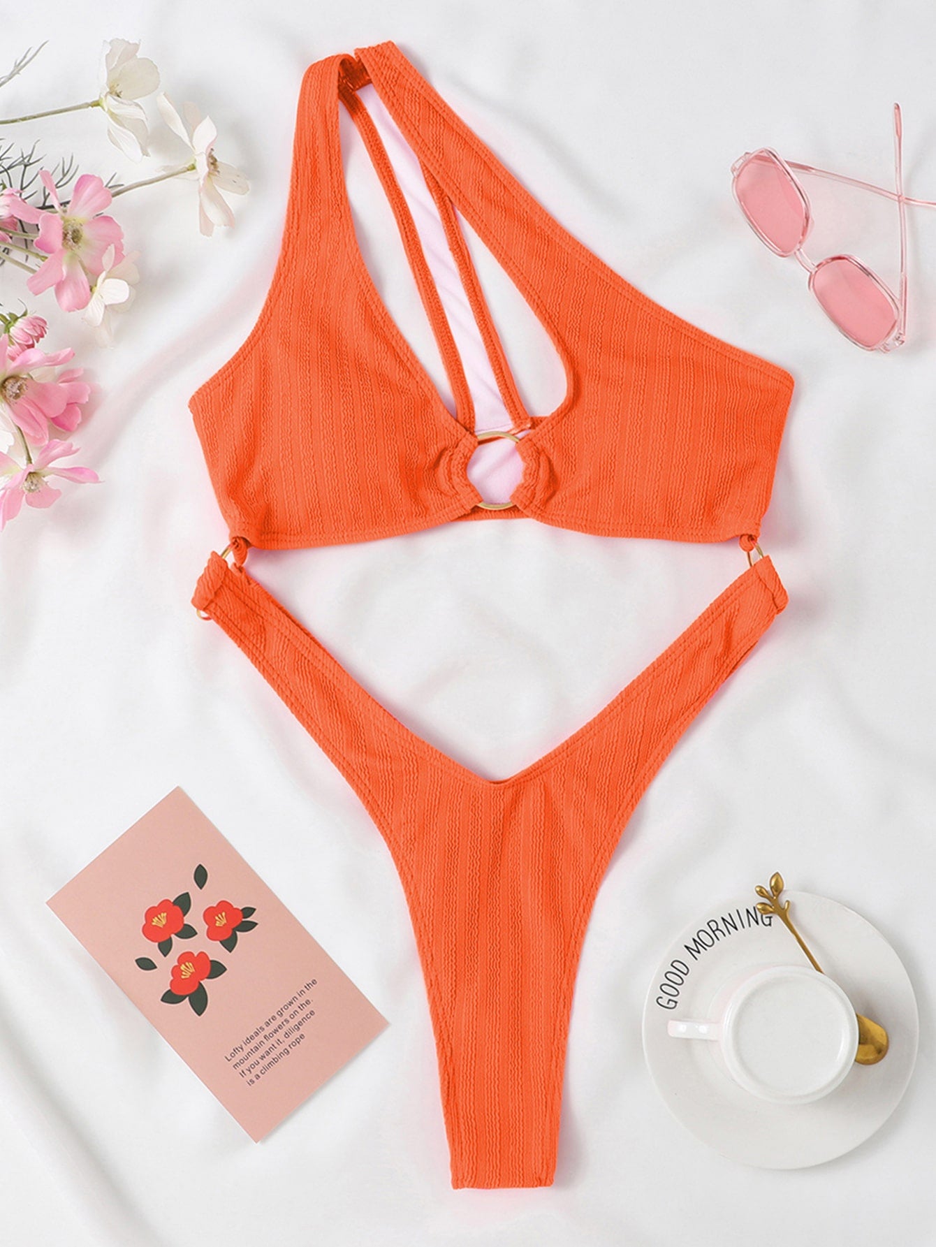 SHEIN Swim Y2GLAM Cut Out Ring Linked One Shoulder One Piece Swimsuit