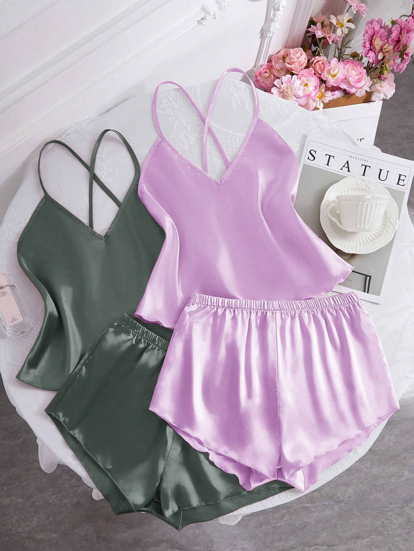 2 Sets Of Solid Color Silk-Like Camisole And Shorts Pajama Set With Large Open Back Design