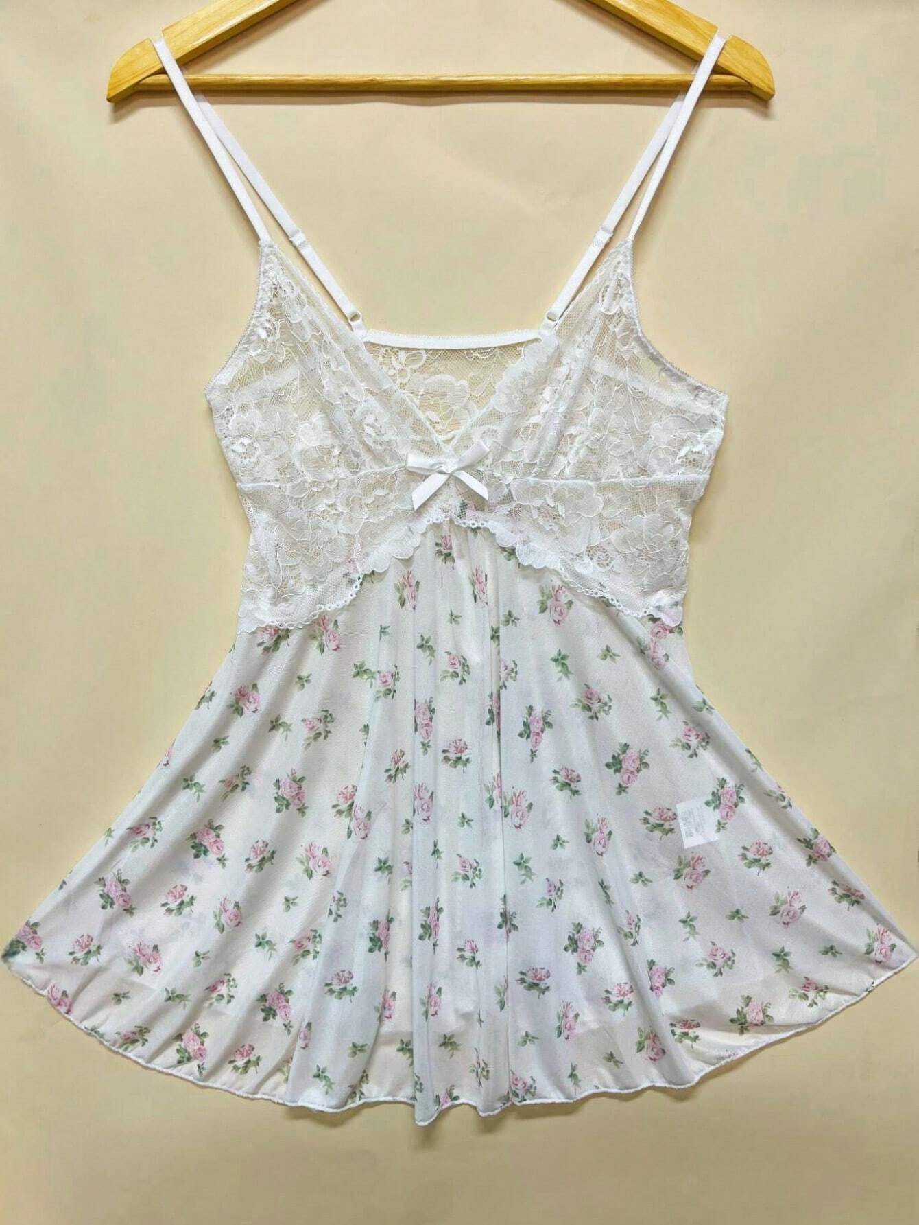 Women's Pink Rose Print Mesh &amp; Lace Splice Elegant Cute V-Neck Mini Nightdress