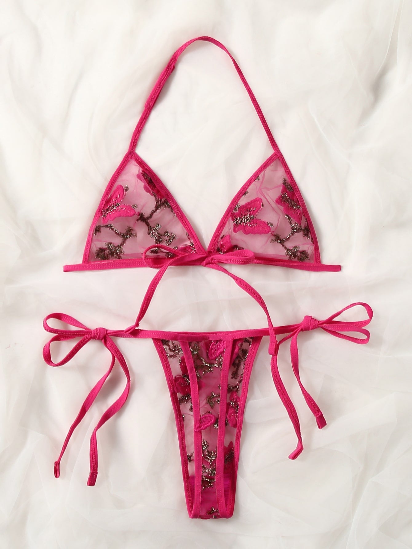 Floral Embroidered Mesh Triangle Lingerie Set