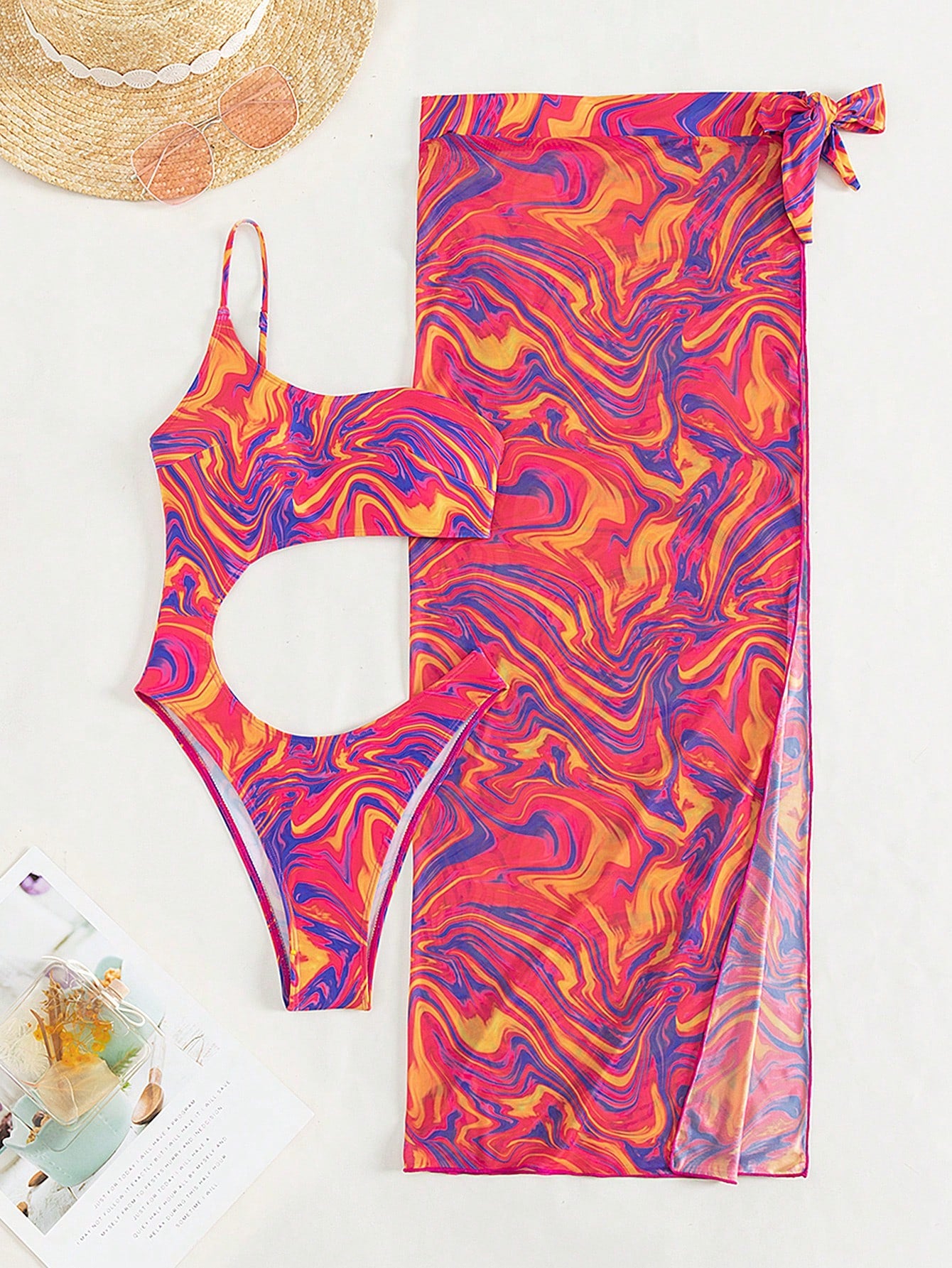 SHEIN Swim Mod Allover Print One Shoulder One Piece Swimsuit With Beach Skirt S Multicolor 2