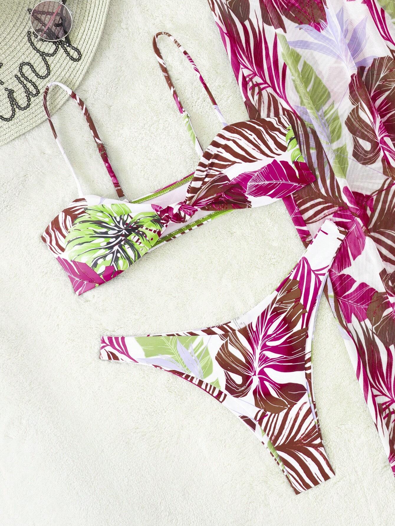 3pcs Tropical Print High Cut Bikini Swimsuit With Cover Up