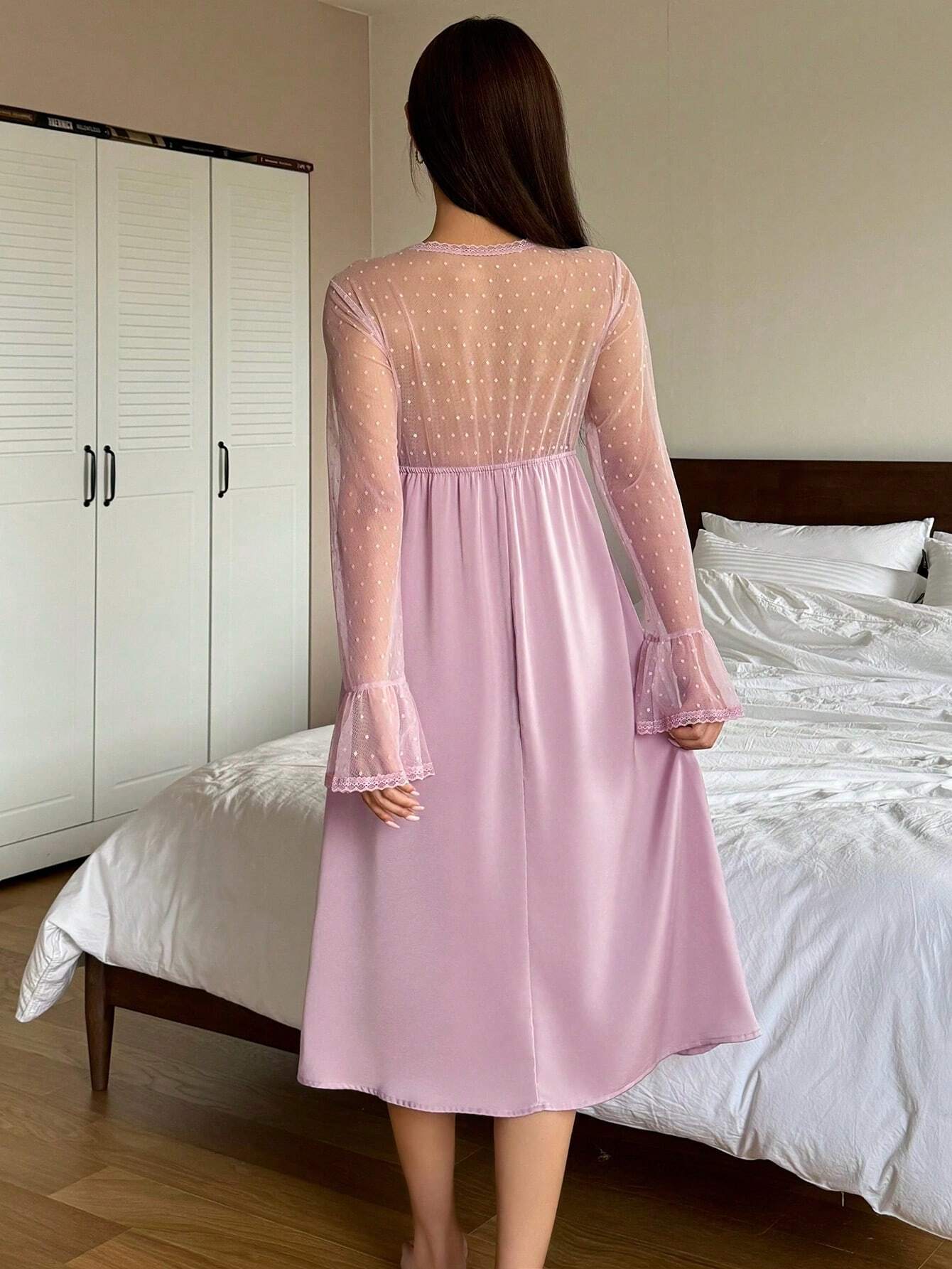 DAZY Satin Contrast Lace Semi-Sheer Ruffle Sleeve Waist Cinched Nightgown