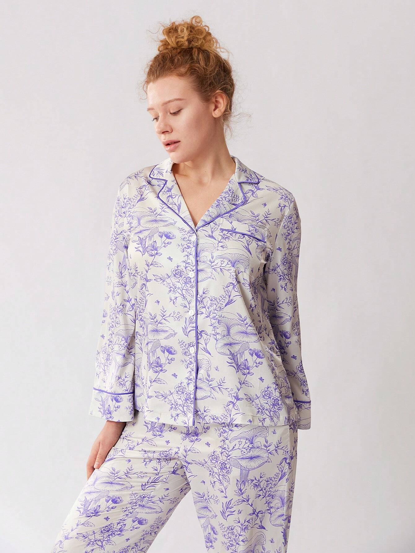 LUVLETTE Floral Pattern Satin Long Pajama Sets