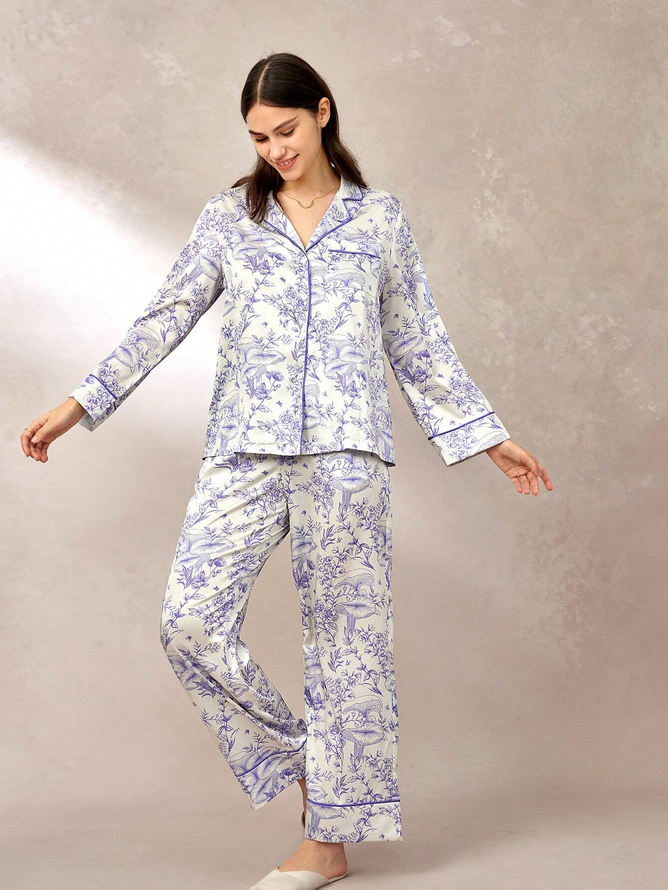 LUVLETTE Floral Pattern Satin Long Pajama Sets
