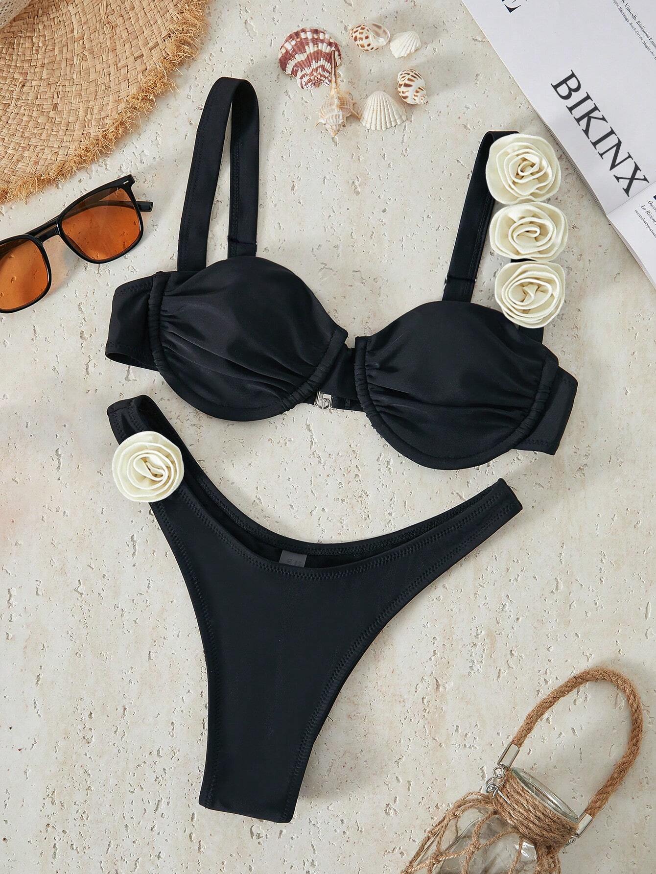 Bikinx Women's Solid Color Underwire Bikini Three-Dimensional Flower Sexy Split Bikini Black