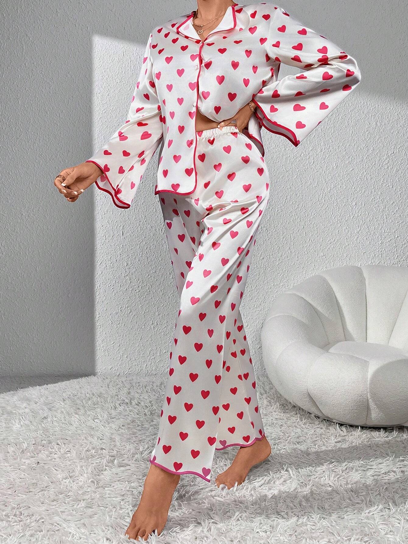 Heart Print Contrast Piping Satin PJ Set / Pajama Set