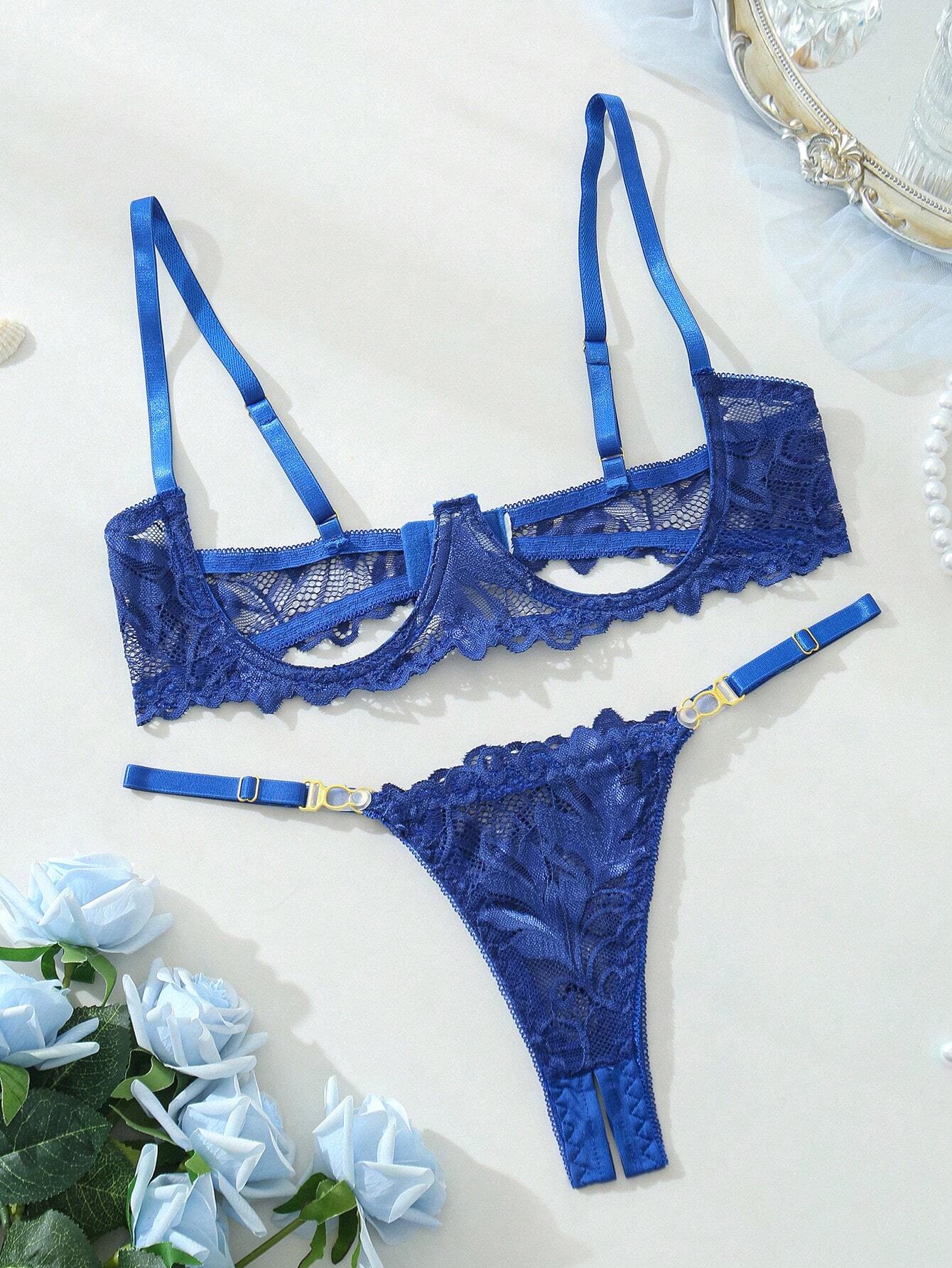 olid Color, See-Through, Underwire Bra And T-Back Sexy 2-Piece Set With Thin Shoulder Straps Royal Blue