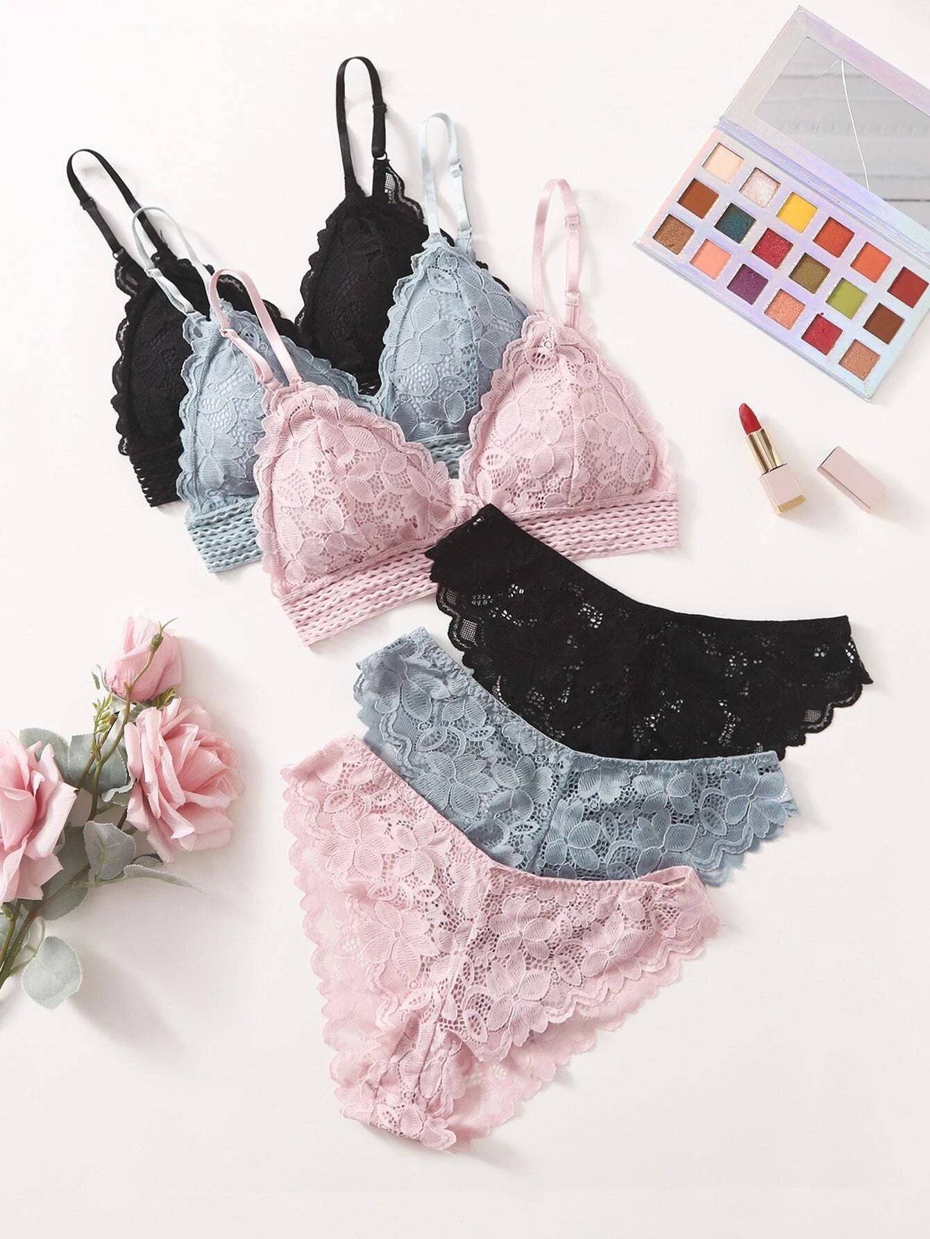 Underwear&amp;Sleepwear Basics 3sets Floral Lace Bra &amp; Panty Lingerie Set