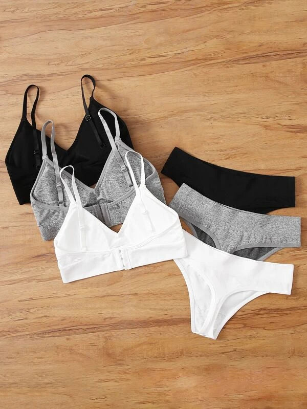 3sets Rib Letter Graphic Lingerie Set