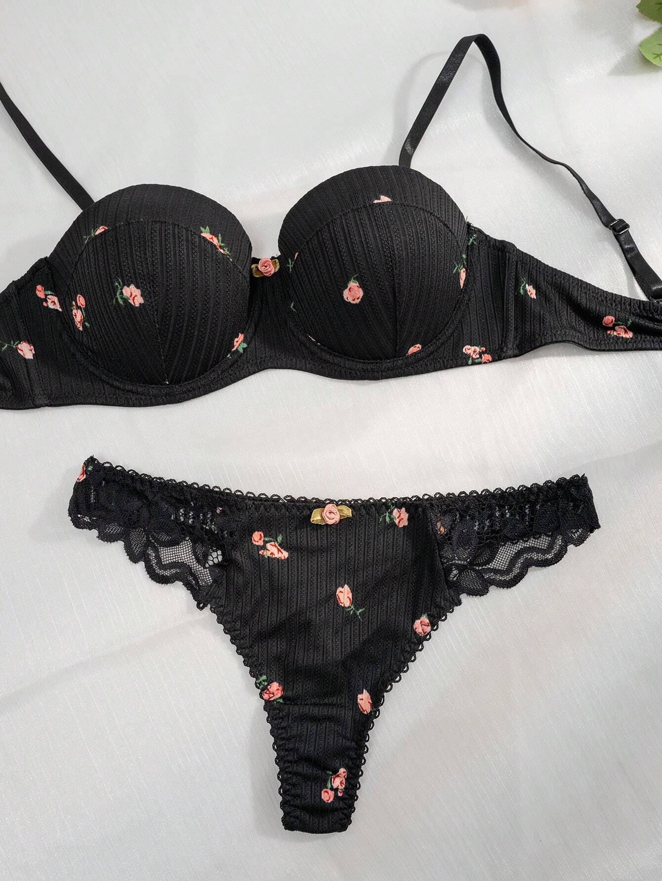 Floral Print Lettuce Trim Underwire Bra &amp; Panty Lingerie Set Black