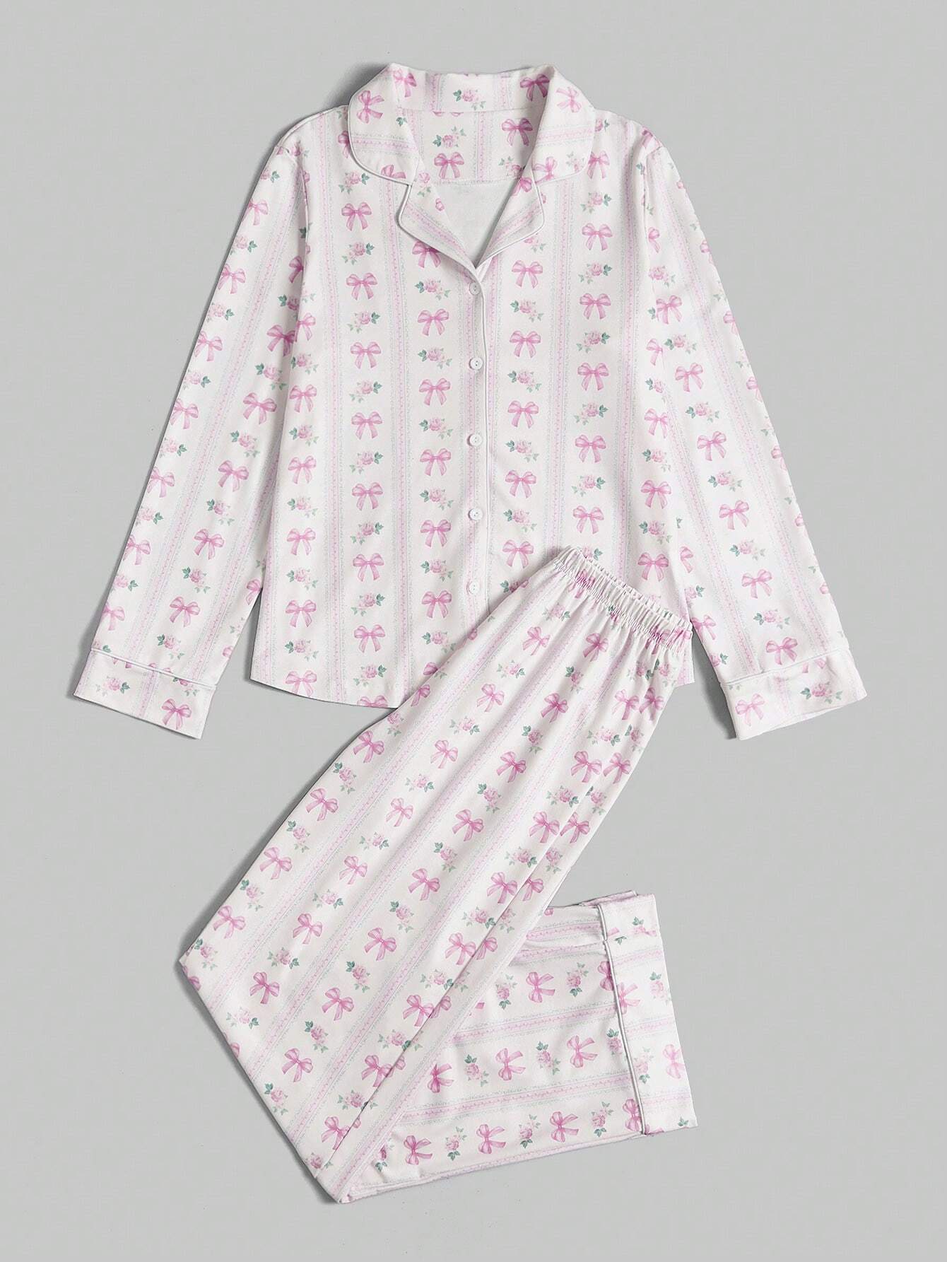 Kawaii Bowknot Printed Pajama Set With Bow