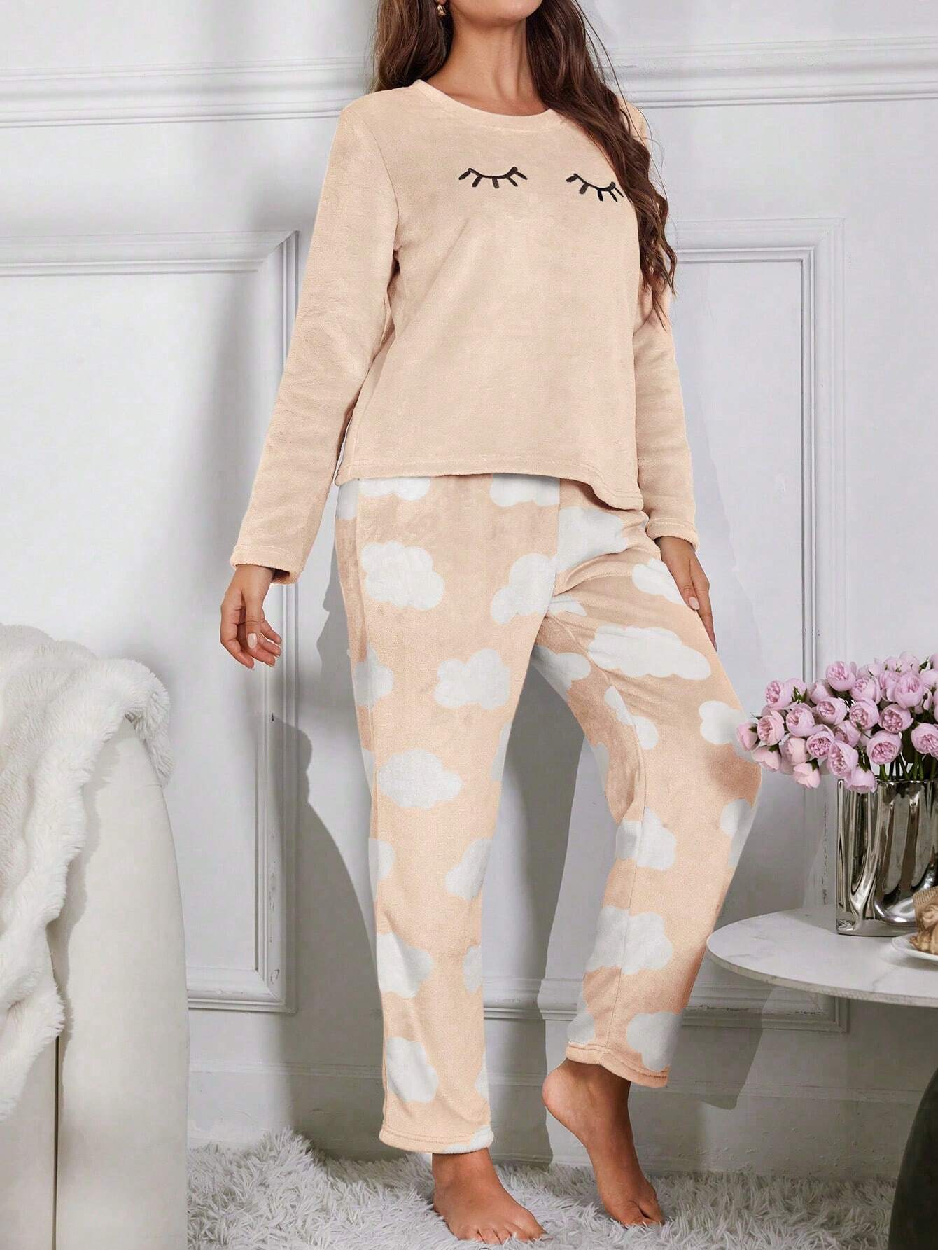Eyelash Embroidery Flannel Long Sleeve Pajama Set
