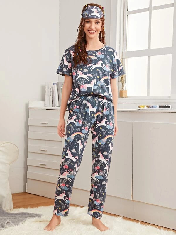 3pcs Unicorn &amp; Plants Print PJ Set &amp; Eye Cover