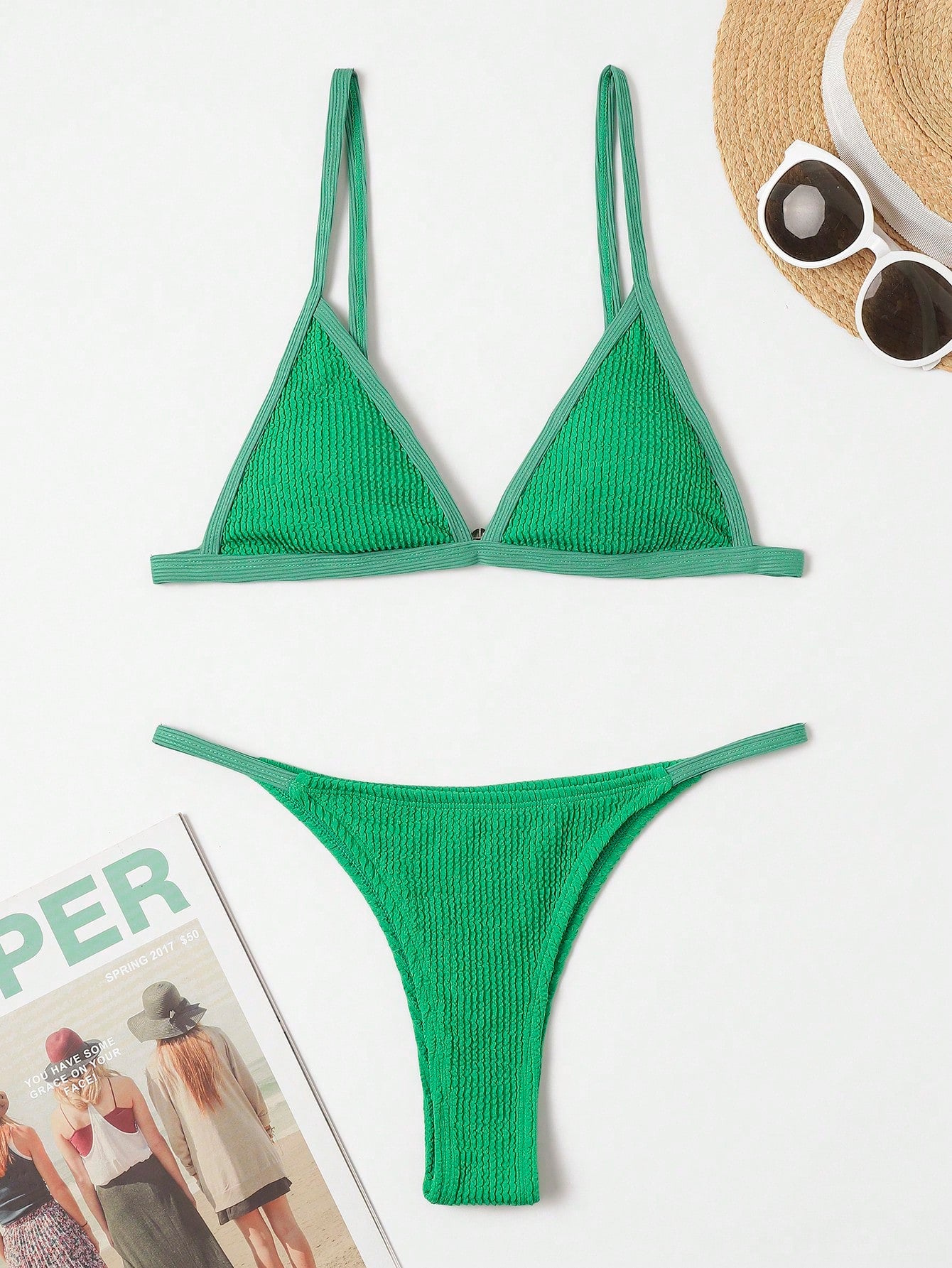 Contrast Binding Triangle Thong Bikini Swimsuit