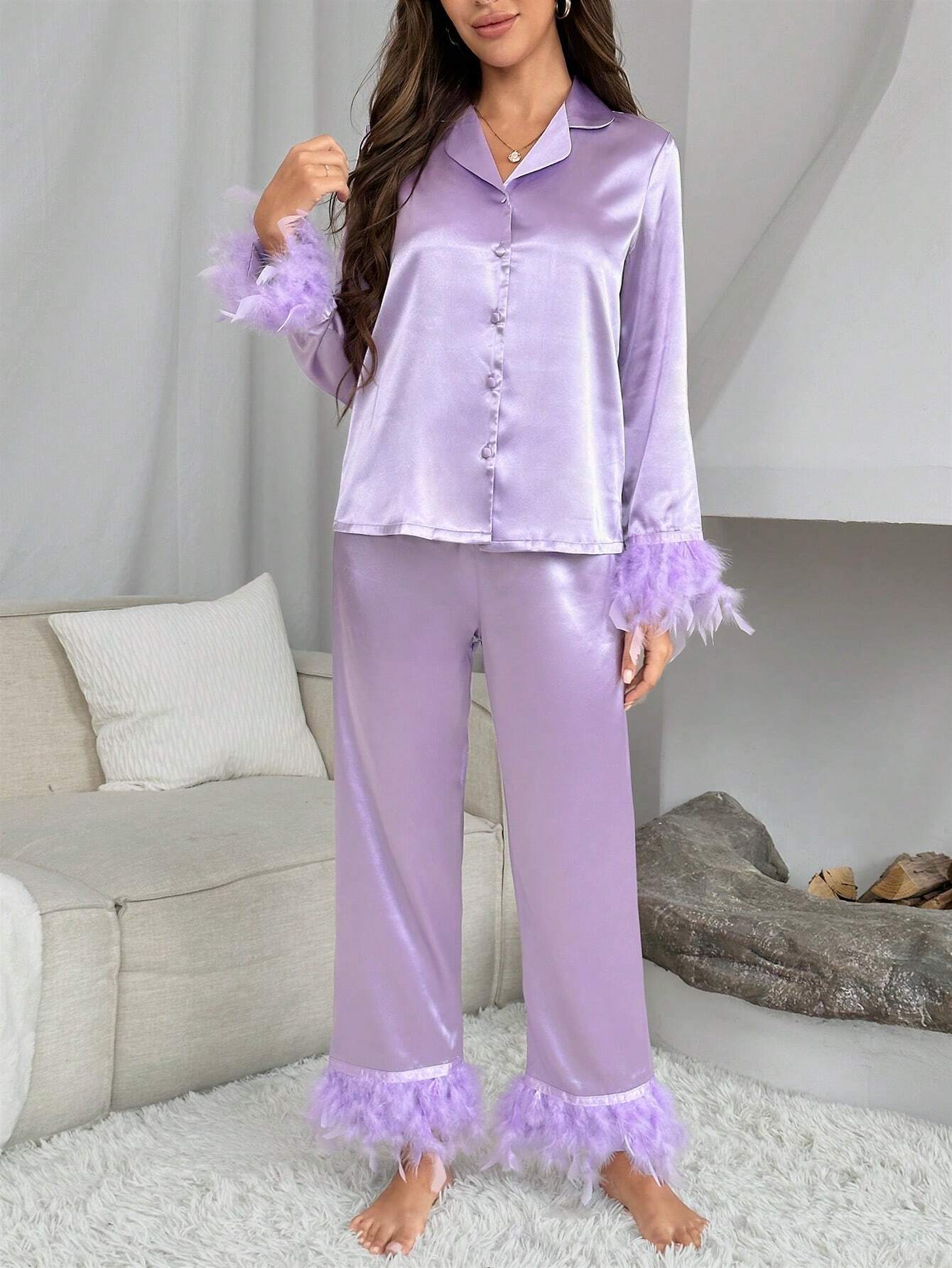 Fuzzy Trim Satin PJ Set / Pajama Set