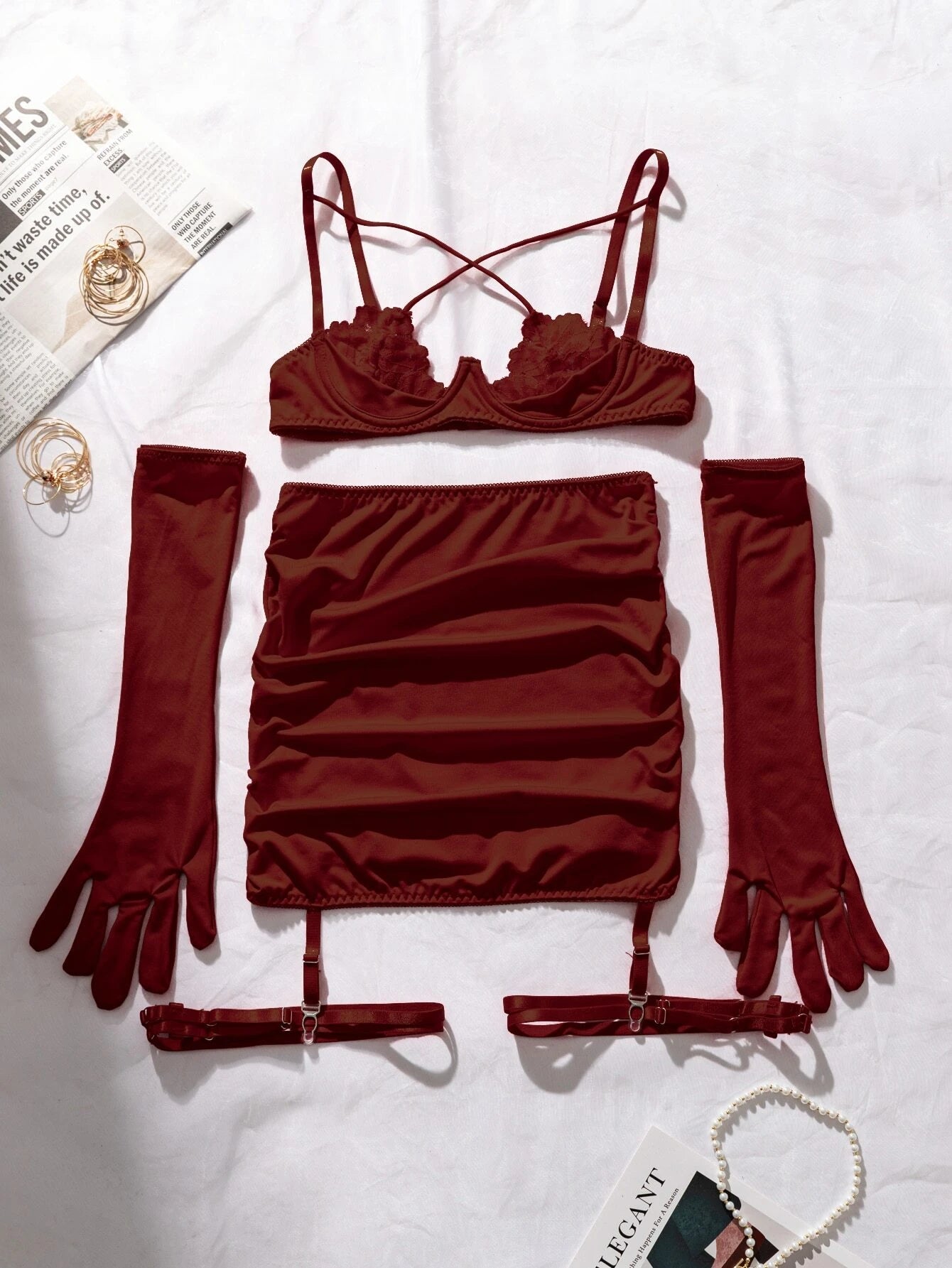 Nina Bonheur 4pcs/Set Women's Sexy Lingerie Set With Lace Ribbon, Underwire Cross Straps Bra, G-String, Gloves And Leg Ring