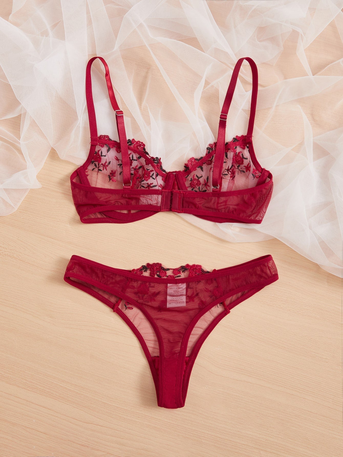 Floral Embroidery Mesh Underwire Lingerie Set