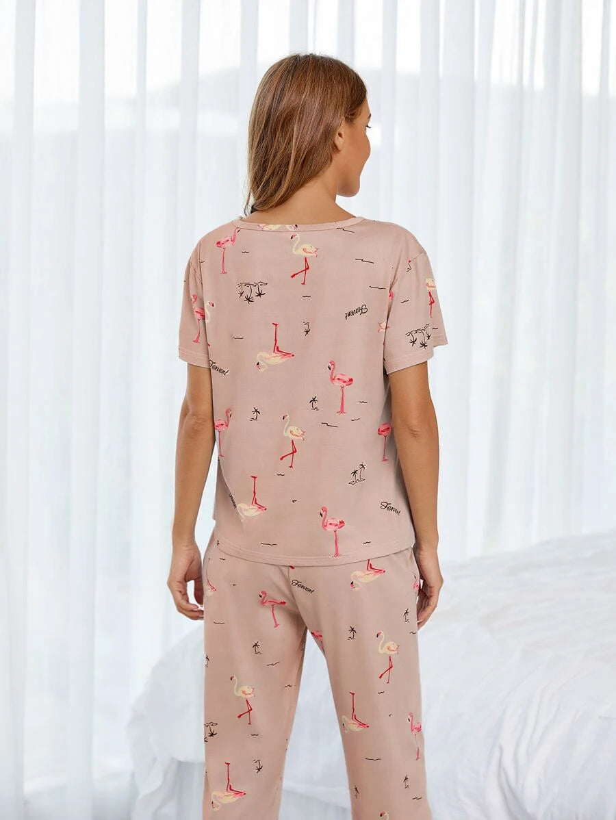 Flamingo Print PJ Set With Eye Cover