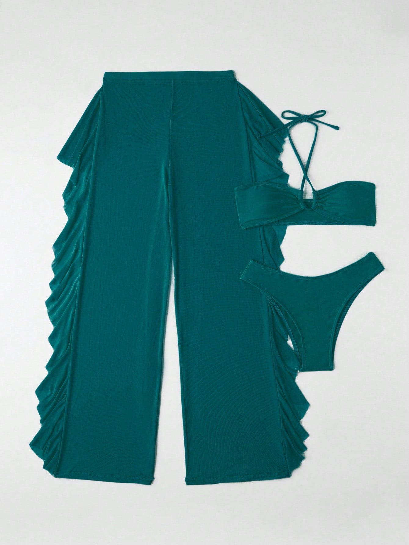 SHEIN Swim SXY Mono Bikini Set Crisscross Halter Wireless Bra Top &amp; High Cut Bikini Bottom &amp; Mesh Cover Up Pants 3 Piece Swimsuit