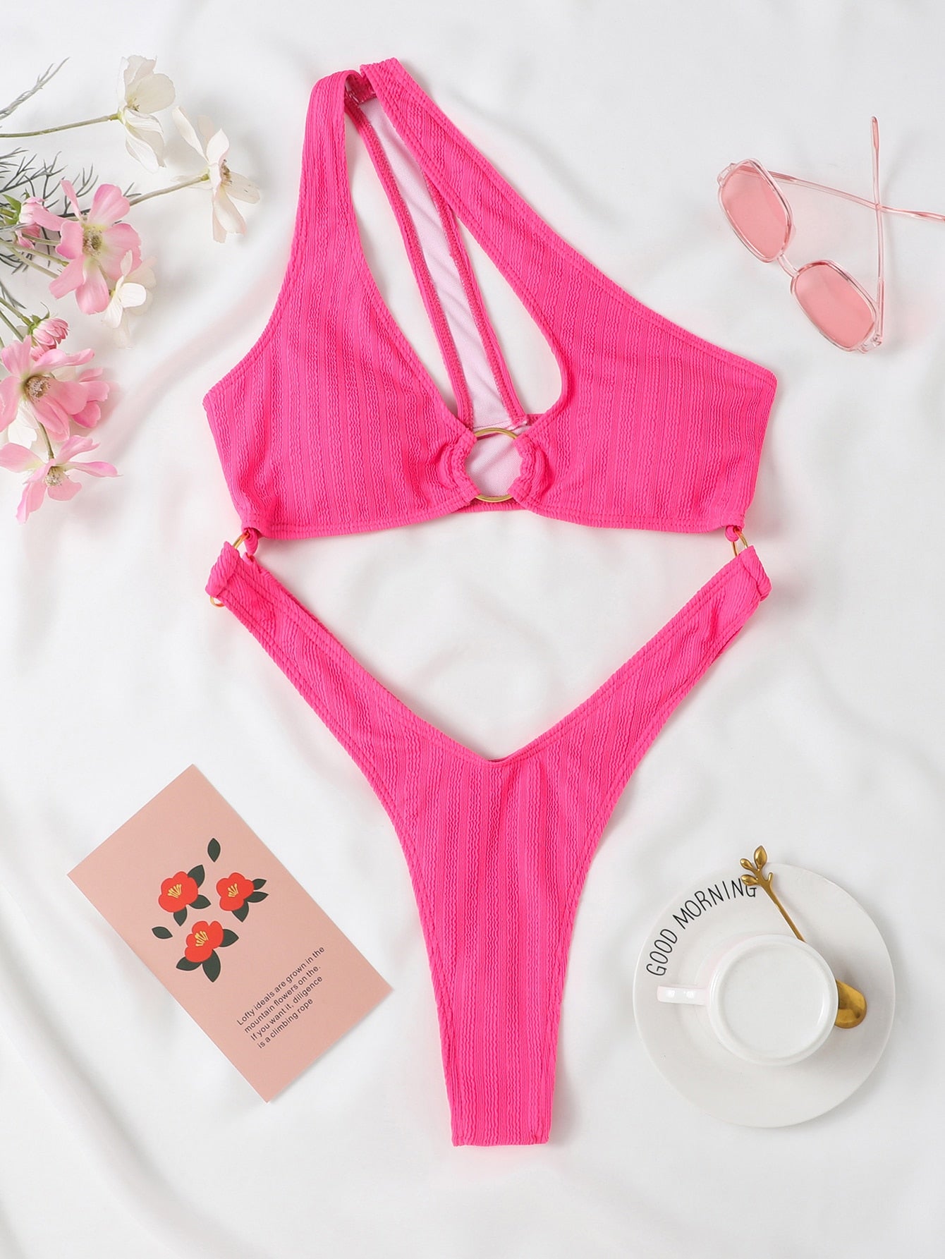 SHEIN Swim Y2GLAM Cut Out Ring Linked One Shoulder One Piece Swimsuit