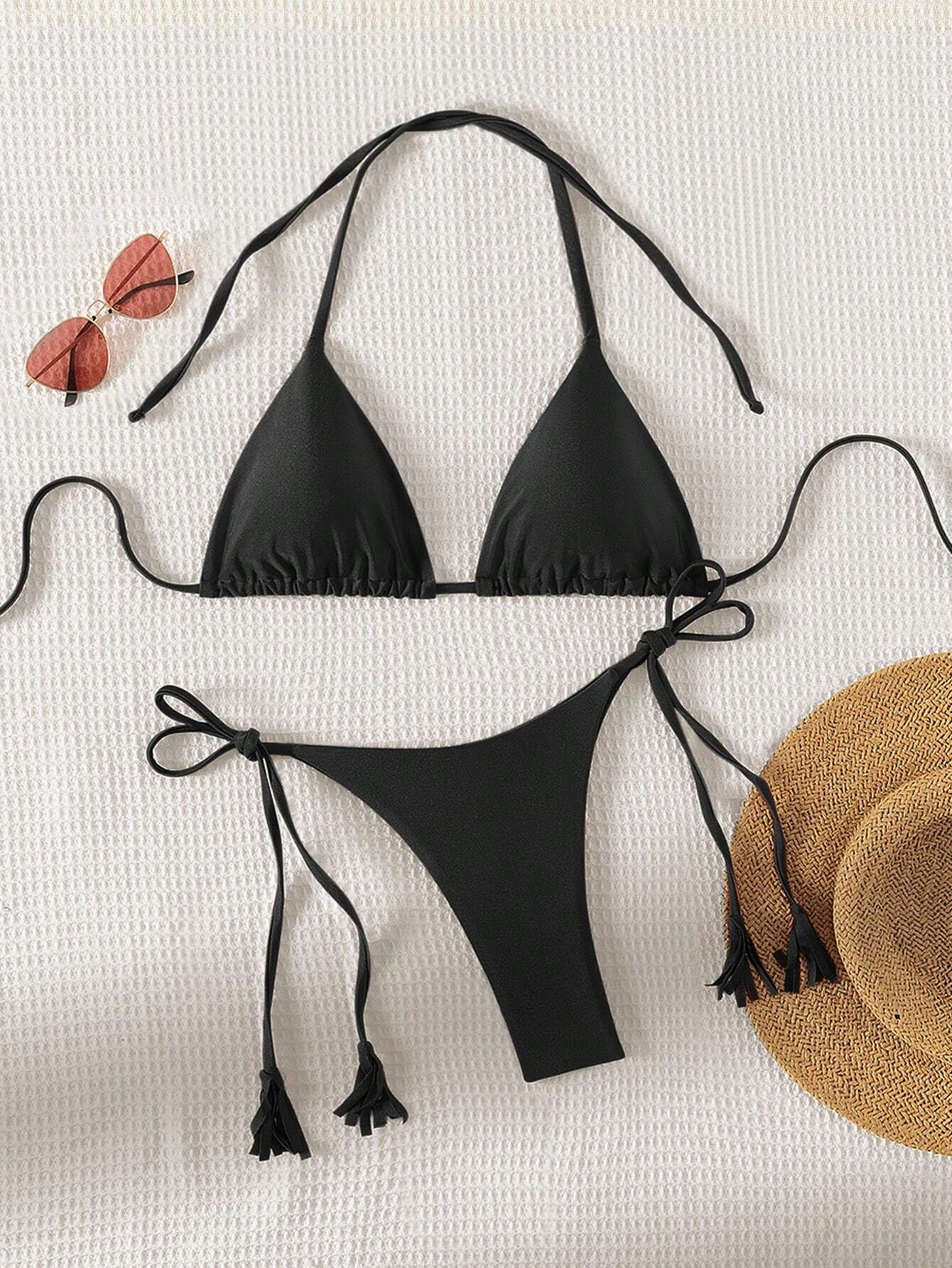 Women's Solid Color Halter Strap Separated Swimsuit Set Carnival