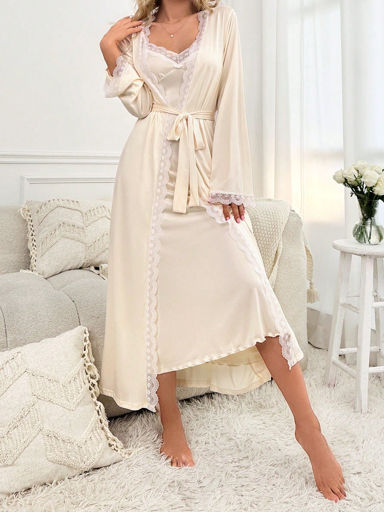 Contrast Lace Lettuce Trim Belted Robe &amp; Cami Dress PJ Set