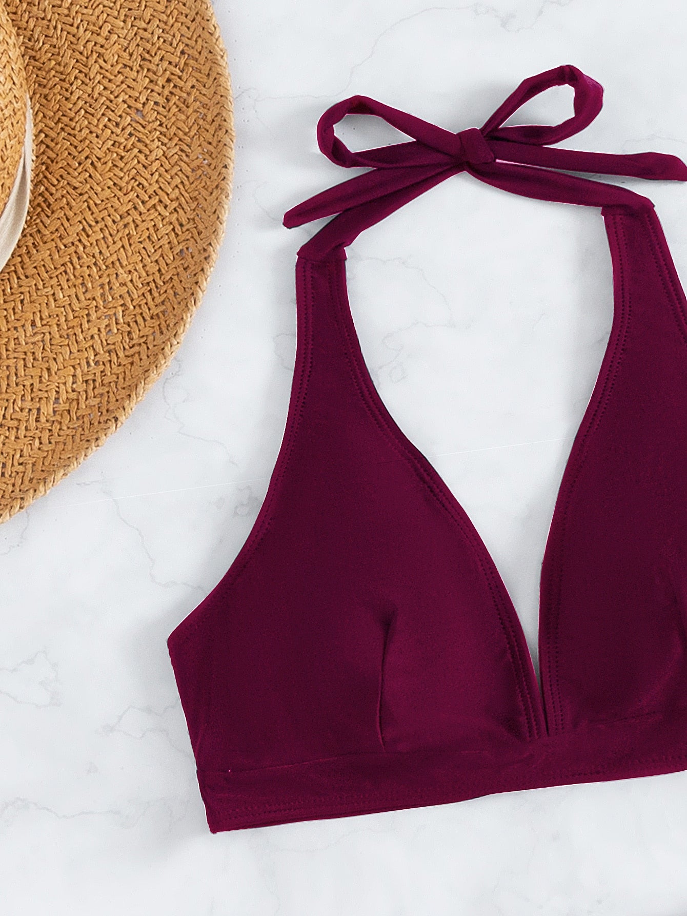 Solid Bikini Set Halter Bra &amp; Bikini Bottom &amp; Dolphin Shorts 3 Piece Bathing Suit