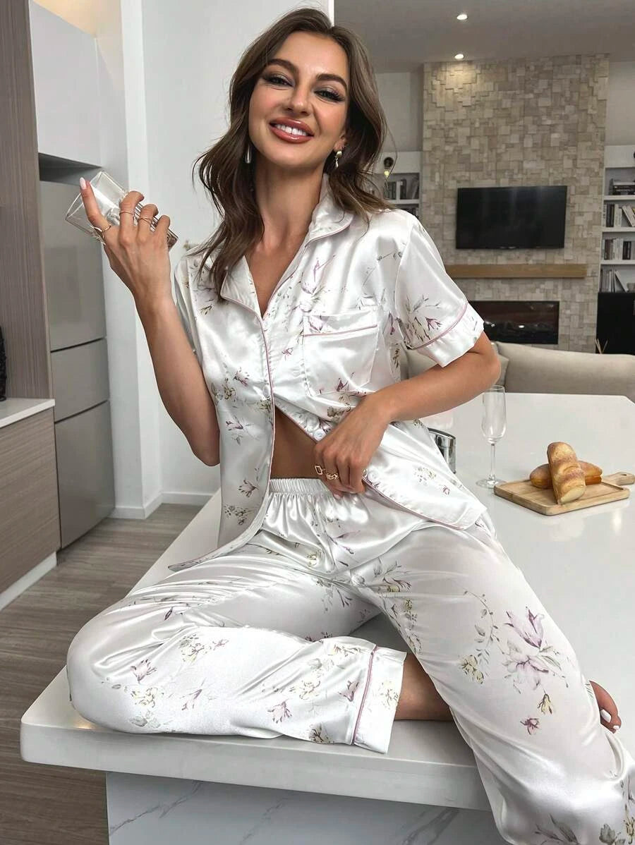 Allover Letter Graphic Pocket Patched Satin Blouse and Pants PJ Set