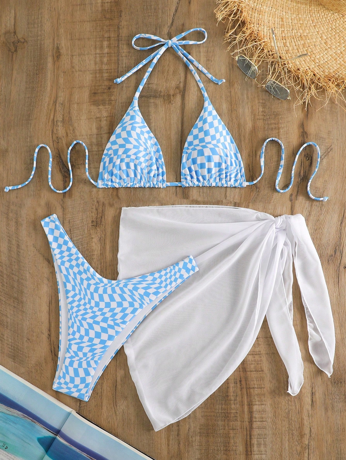 SHEIN Swim Mod Floral Print Halter Triangle Bikini Swimsuit With Beach Skirt