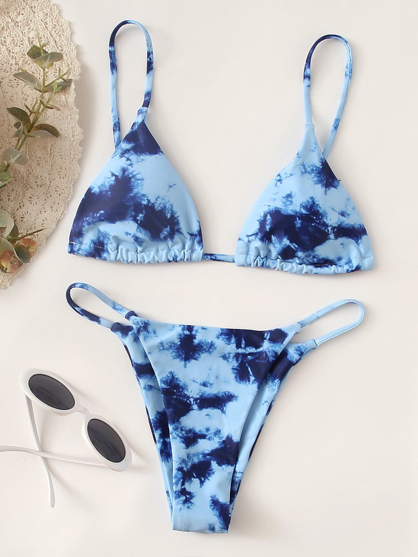 Tie Dye Bikini Set Triangle Bra &amp; Tanga Bottom 2 Piece Bathing Suit Blue
