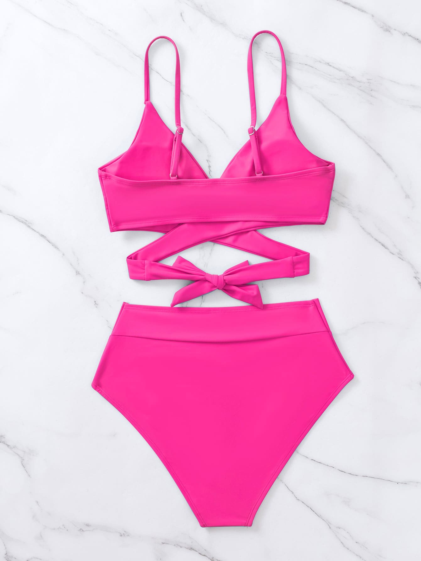 SHEIN Swim Basics Solid Bikini Set Crisscross Tie Back Bra &amp; Overlap High Waisted Bottom 2 Piece Bathing Suit