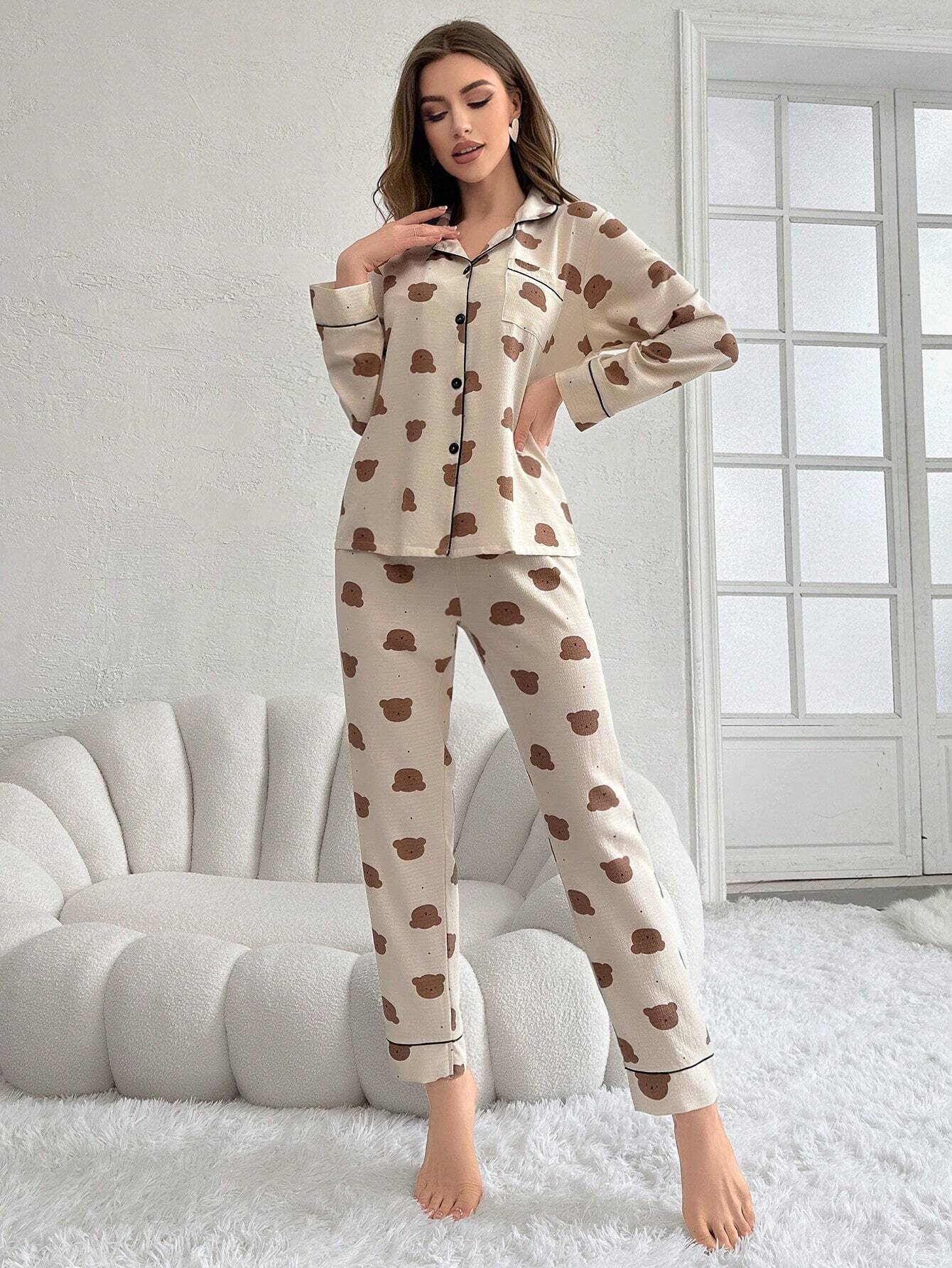 Women's Bear Printed Long Sleeve Long Pants Pajama Set