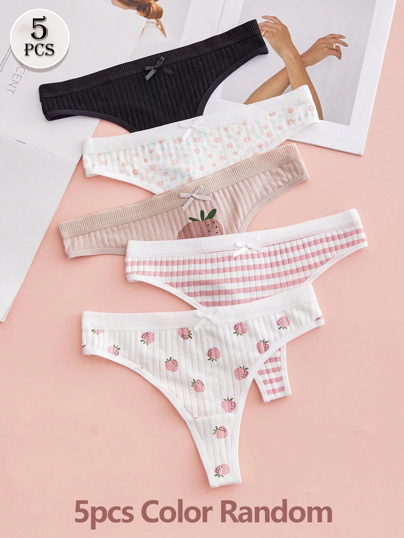5PCS Sexy Underwear Printed Cute Thong Bow
