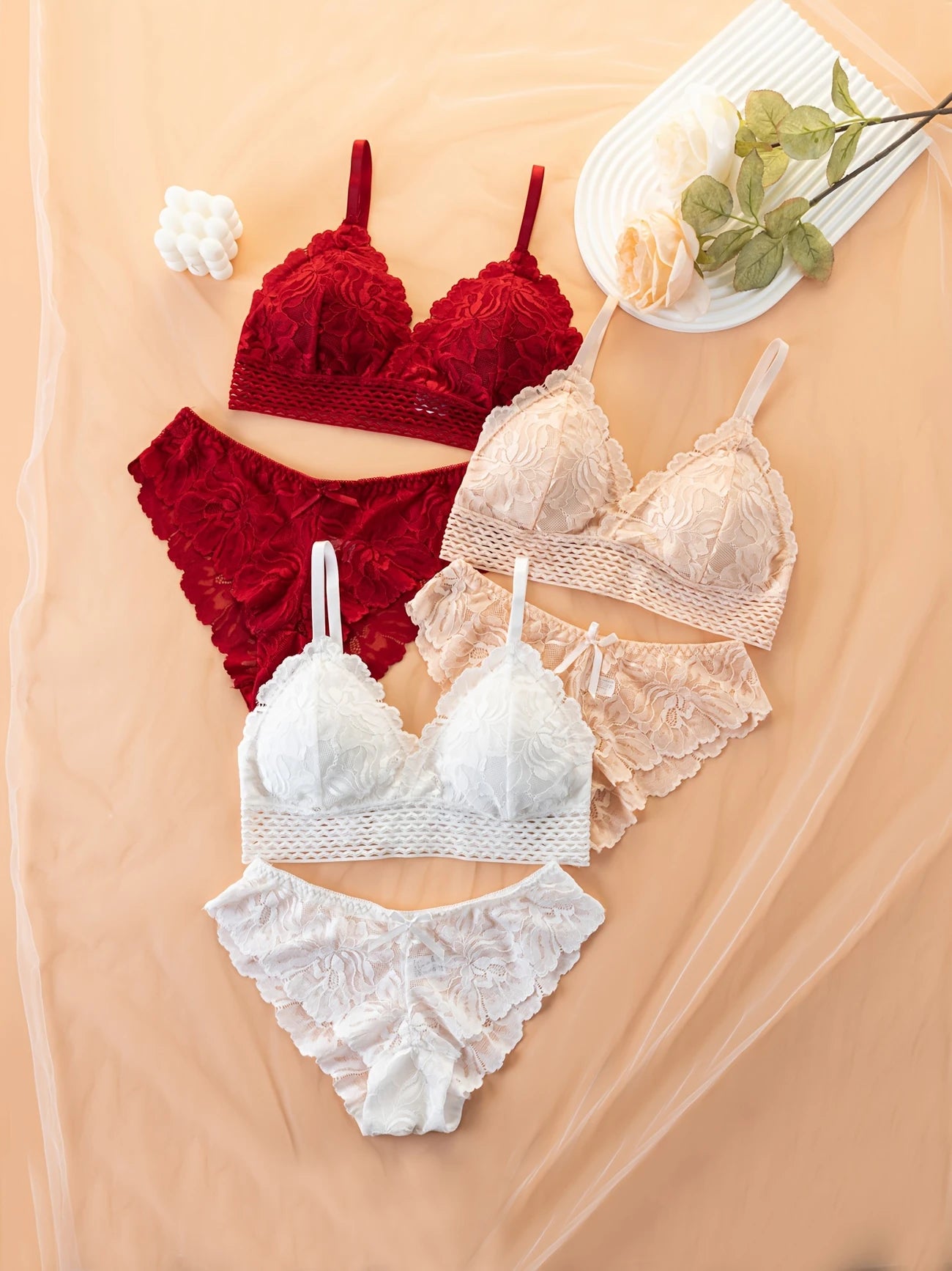 3 Set Solid Lace Elegant Bra & Panty Mixed Color 4