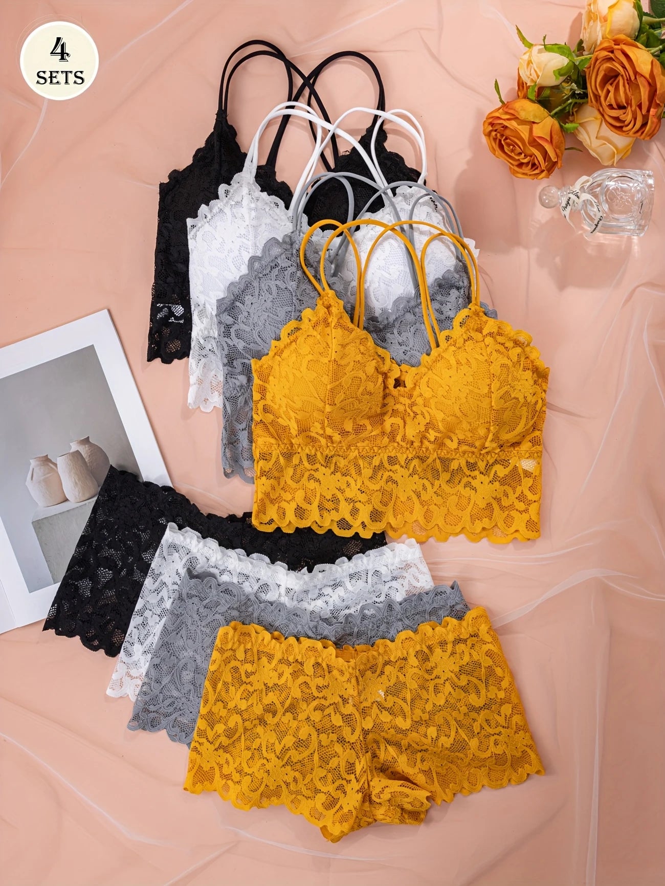 4pcs Set Sexy Comfortable Fashion Casual Lace Women's Underwear Set Mixed Color C